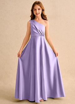 Azazie Puddles Girls Formal Flower Girl Dresses Lilac A-Line One Shoulder Matte Satin Dress image5