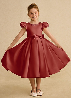 Azazie Pearl Flower Girl Dresses Terracotta Ball-Gown Pleated Matte Satin Dress image4