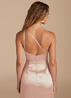 Azazie Mika Bridesmaid Dresses English Rose Sheath One Shoulder Metallic Satin Dress image2