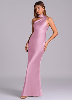 Azazie Seona Vestidos de madrinha de casamento Vestido Rosa Doce de Cetim elástico de sereia com Um ombro image6