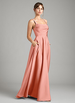 Azazie Shaude Bridesmaid Dresses Coral A-Line Pleated Stretch Satin Dress image6