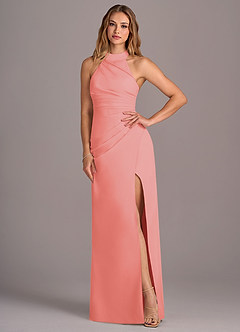Azazie Jemma Bridesmaid Dresses Coral Sheath Pleated Chiffon Dress image4