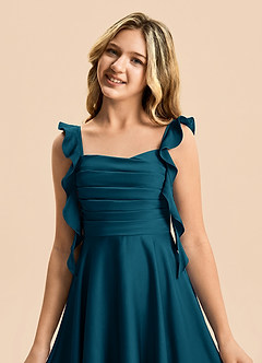 Azazie Kira Junior Ink Blue A-Line Ruched Stretch Satin Dress image7