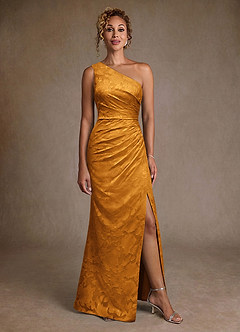 Azazie Joylin Mother of the Bride Dresses Butterscotch Trumpet One Shoulder Floral Burnout Dress image4