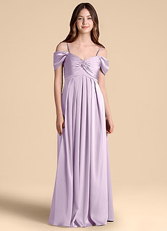 Azazie Kaitlynn Junior Frosted Lilac A-Line Off the Shoulder Stretch Satin Dress image1