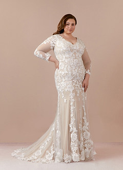 Azazie Dulce Amor Vestidos de novia Vestido de Blanco Diamante Nude de Tul de Corte Sirena con Encaje Cuello V image13