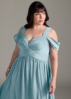 Azazie Lianne Bridesmaid Dresses Moody Blue A-Line Off the Shoulder Stretch Satin Dress image14