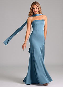 Azazie Shiloh Vestidos de damas de honor Vestido de Azul Acero de Satén Elástico de Corte Sirena Convertible con Sin tirantes image1