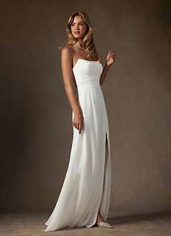 Azazie Camryn At-home Try On Dresses Diamond White A-Line Strapless Chiffon Dress image6