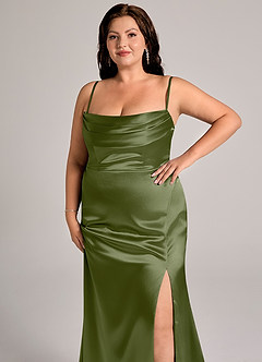 Azazie Saige Bridesmaid Dresses Olive Sheath Off the Shoulder Metallic Satin Convertible Dress image15