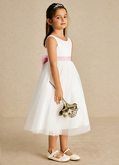 Azazie Kavi Flower Girl Dresses Ivory Powder Pink A-Line Bow Matte Satin Dress image4