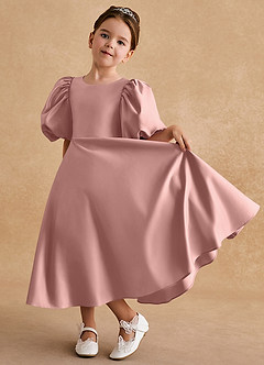 Azazie Sugarplum Flower Girl Dresses Rose Gold A-Line with Sleeves Matte Satin Dress image5