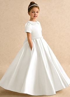 Azazie Gabriella Blumenmädchenkleider Ballkleid mit ärmel Matte Satin Kleid Elfenbein image3