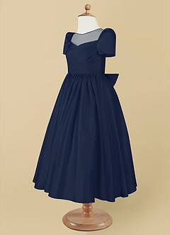 Azazie Anirra Flower Girl Dresses Dark Navy Ball-Gown Pleated Matte Satin Dress image9