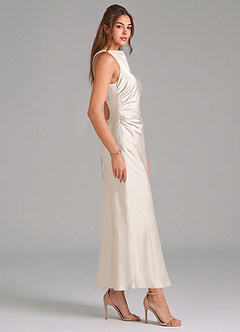 Azazie Evadne Vestidos de damas de honor Vestido Alabastro Blanco de Satén Elástico de Corte Recto con Plisado image4
