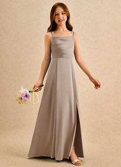 Azazie Chamomile Girls Formal Flower Girl Dresses Taupe A-Line Pleated Stretch Satin Dress image2