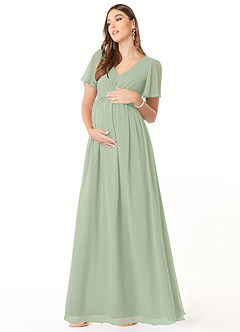 Azazie Verna vestidos de dama de honor de maternidad Vestido de Corte En A Cuello en V fruncido Hasta el suelo Gasa image3