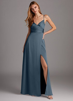 Azazie Calissa Robes de demoiselle d'honneur Robe Trapèze en Satin extensible Col V plissé Violet Crépusculaire image6
