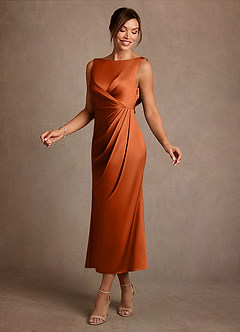 Azazie Mazhe vestidos de madre de la novia Vestido de Naranja Quemada de Satén Elástico de Corte en A con Plisado image3