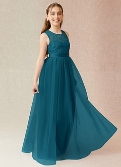 Azazie Georgette Junior Ink Blue A-Line Lace Tulle Dress image4