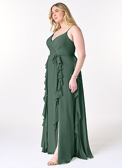 Azazie Peyton Vestidos de damas de honor Vestido de Musgo Marino de Gasa de Corte en A con Volante image9