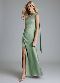 Azazie Adhara Final Sale Agave Sheath One Shoulder Stretch Satin Dress image1