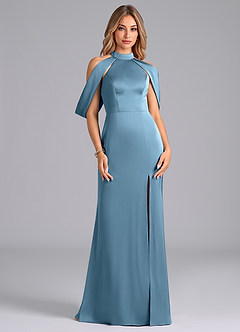 Azazie Bonny Bridesmaid Dresses Steel Blue Mermaid Off the Shoulder Stretch Satin Dress image1