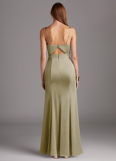 Azazie Shania Bridesmaid Dresses Moss Green Sheath V-Neck Pleated Stretch Satin Dress image2