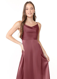 Azazie Naomie Bridesmaid Dresses Desert Rose A-Line Cowl Neckline Side Slit Stretch Satin Dress image5