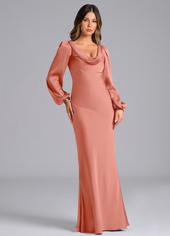 Azazie Rylina Bridesmaid Dresses Coral Mermaid Long Sleeve Stretch Satin Dress image4