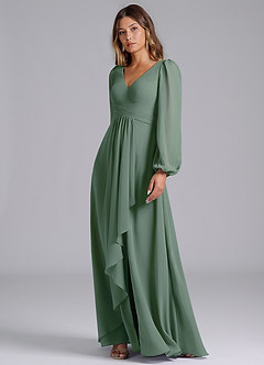 Azazie Liah Bridesmaid Dresses Eucalyptus A-Line Long Sleeve Chiffon Dress image4