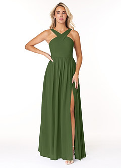 Azazie Elvira Bridesmaid Dresses Olive A-Line Pleated Chiffon Dress image5