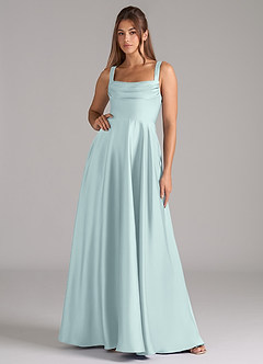 Azazie Shaude Robes de demoiselle d'honneur Robe Trapèze en Satin extensible Plissée Brume image1