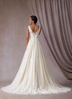 Azazie Alemia Wedding Dresses A-Line Lace Tulle Chapel Train Dress image6