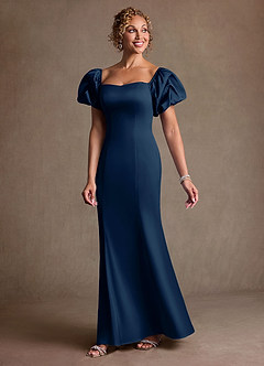 Azazie Redding vestidos de madre de la novia Vestido de Azul Marino Oscuro de Satén Elástico de Corte Recto con Volante image3