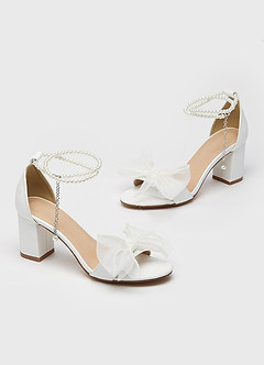 front Pearl Ankle Strap and Bow Block Heel Sandals