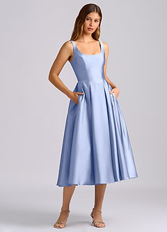 Azazie Amalie 신부 들러리 드레스 A라인 주름진 스트레치 새틴 티 길이 드레스 image3