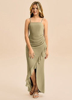 Azazie Buzzy Junior Vestido de Musgo Verde de Gasa de Corte Recto con Plisado image4