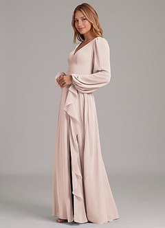 Azazie Simone Vestidos de damas de honor Vestido de Pétalo De Rosa de Gasa de Corte en A con Manga larga image6