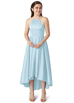 Azazie Jemima Junior Sky Blue A-Line with Pockets Stretch Satin Dress image4