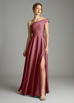 Azazie Melanie 신부 들러리 드레스 A라인 오프 더 숄더 스트레치 새틴 바닥 길이 드레스 image3