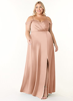 Azazie Ocean Bridesmaid Dresses Rose Gold A-Line V-Neck Pleated Stretch Satin Dress image6