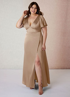 Azazie Lani Bridesmaid Dresses Taupe A-Line Flounce Sleeve Stretch Satin Dress image7