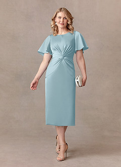 Azazie Everlyn Mother of the Bride Dresses Moody Blue Sheath Pleated Stretch Satin Dress image1