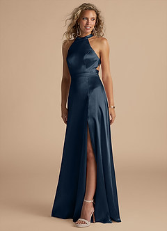 Azazie Clarice Bridesmaid Dresses Dark Navy A-Line High Neck Metallic Satin Dress image1