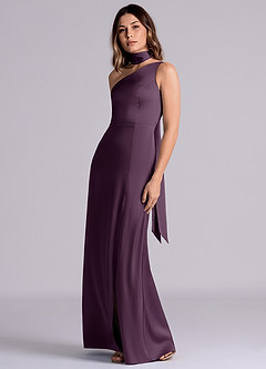 Azazie Philana Bridesmaid Dresses Plum A-Line One Shoulder Stretch Satin Dress image6