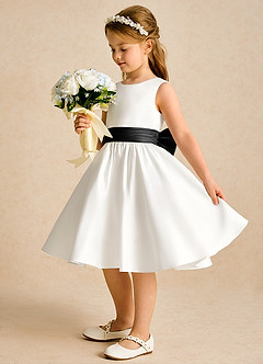 Azazie Sosie Flower Girl Dresses Ivory Black A-Line Pleated Matte Satin Dress image3