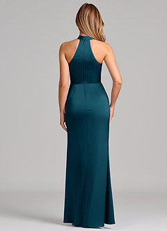 Azazie Karlotta Bridesmaid Dresses Ink Blue Sheath Pleated Stretch Satin Dress image2