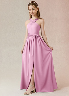 Azazie Jiya Junior Vestido de Rosa Caramelo de Satén Elástico de Corte en A con Plisado image1