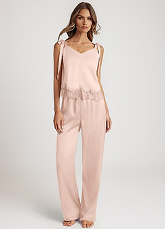 front Pyjama-Set aus Satin-Top mit Spitzenbesatz und langer Hose mit weitem Bein